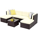 Wisteria Lane Outdoor Patio Furniture Set,7 Piece Rattan Sectional Sofa Couch All Weather Wicker Conversation Set with Ottoma Glass Table Grey Wicker, Beige Cushions