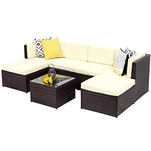 Wisteria Lane Outdoor Patio Furniture Set,7 Piece Rattan Sectional Sofa Couch All Weather Wicker Conversation Set with Ottoma Glass Table Grey Wicker, Beige Cushions
