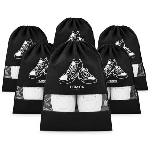 Image of Shoe Bags for Travel, Non-Woven Pouches with Transparent Window, Reusable Storage Organiser for Gym, Luggage, Wardrobe, Black, (Pack of 6)