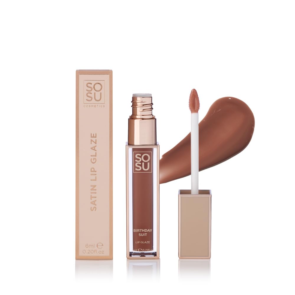 SOSU Cosmetics Satin Lip Glaze Birthday Suit - Long-lasting, Moisturising Lip Shine in Gentle Nude Tone, Vitamin E and Hyaluronic Acid for Smooth and Nourished Lips