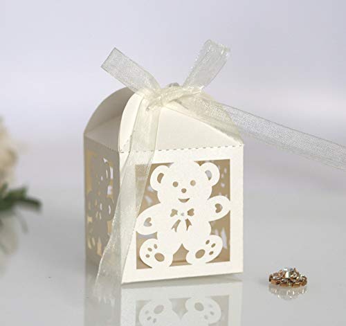 Worldoor 50pcs Laser Cut Baby Teddy Bear Favor Box Treat Goodies Bag Gift Candy Boxes Baby Shower Party Decoration,2.2 x 2.2 x 2.2 Inches (Ivory)