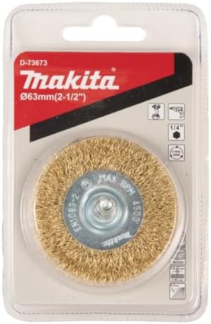 Makita D-73673 Rundbürste Ø 63 mm, gewellt, fein, vermessingt, 1/4"-Sechskantaufnahme, feine Drahtbürste zum Bearbeiten von Holz und Metall