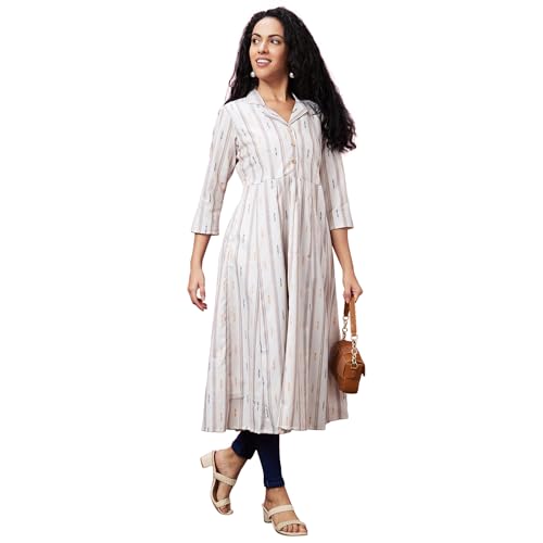 Image of Globus Women Green Casual Striped Lapel Shirt Collar 3 /4th Sleeve A-Line Kurta-3639791001