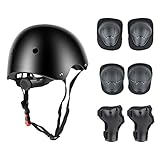 Knieschoner Kinder 7 in 1 Set mit Helm, Waysroma Schutzausrüstung Kinder Knieschützer Ellbogenschützer Armschienen Set Skate Protektorenset für Skateboard Radfahren Roller Skating Hoverboard (Schwarz)