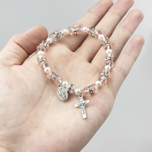 Women' Crystal Beads Rosary Bracelet Catholic Jewelry with Mini Cross Pendant and Virgin Mary Medal3