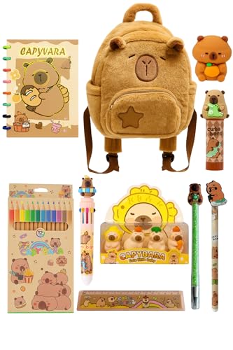 Kit Material Escolar Completo Capivara – 10 Peças Papelaria Fofa Kawaii: Estojo, Caderno, Lápis de Cor, Canetas e Acessórios – Volta às Aulas/Presente Criativo Personalizado - Premium