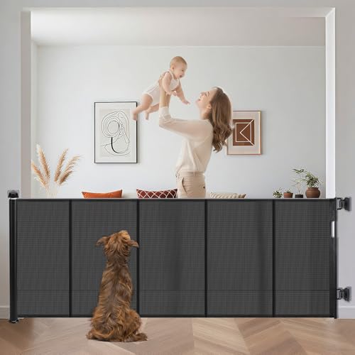 Extra Wide Retractable Baby Gates Pet Gate for Wide Openings Long Dog gate with Rods to Prevent Crawling Through One Handed Operation Dog Gates for Doorways Indoor Outdoor