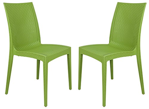 LeisureMod Hickory Stackable Indoor Outdoor Dining Chair, All-Weather Resin Wicker Polypropylene Side Chair, Lightweight & Durable for Patio, Garden, Balcony & Dining Room, Set of 2, Green