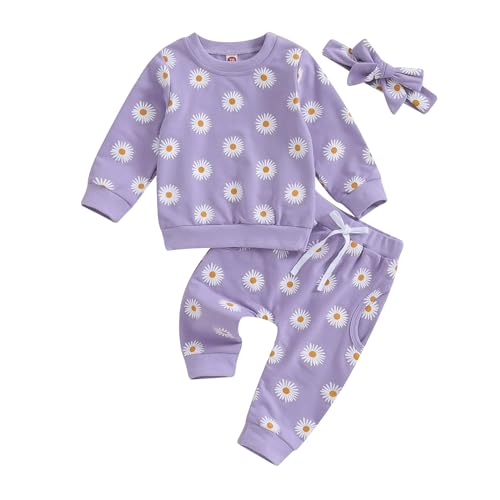 Image of 3Pcs Baby Girl Outfits Daisy Sweatshirt + Pants + Headband Infant Fall Winter Clothes