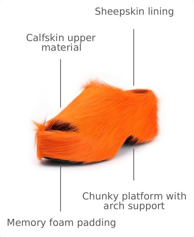 Image of XOBZJH Long-Hair Calfskin Chunky Clog Slide for Women - Memory Foam Luxury Slip on Shoes Women's Mules & Platform Clogs,Designer Mules for Women 2025