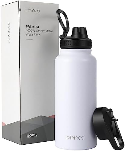 mininoo Insulated Stainless Steel Water Bottle with Straw Lid, 35oz/1000ml, Double Wall Vacuum Insulated Water Bottle Leakproof, Strong for Cycling, Gym, Work, and Travel, Black