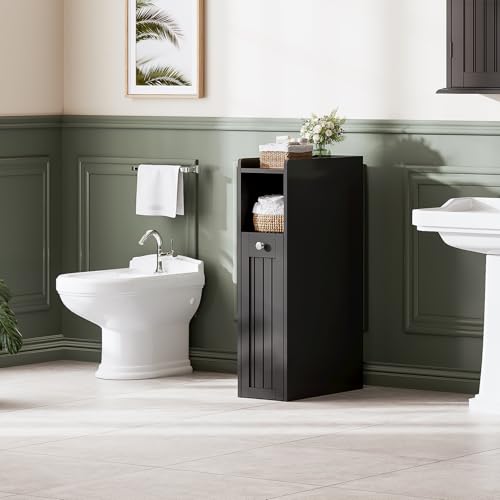 ChooChoo Small Bathroom Storage Cabinet, Narrow Slim Bathroom Organizer with Slide Out Drawer Storage, Toilet Paper Holder, for Small Spaces, Pure Black