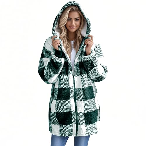 Plaid Sherpa Jacket Women Plus Size Fleece Zip Up Jacket Soft Fuzzy Oversized Hoodie Faux Fur Fall Coats with Pockets3