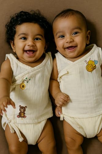 Image of Organic Muslin Cotton Baby Jabla Vest Crinkled Angarkha Style Ivory Unisex Sleeveless Wear for Newborn & Infants All-Season Pack of 2 Size 3-6M