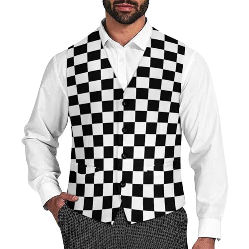 Black White Racing Checkered Funny Men's Formal Suit Vest Casual Business Dress Waistcoat Printed Vest Slim Fit