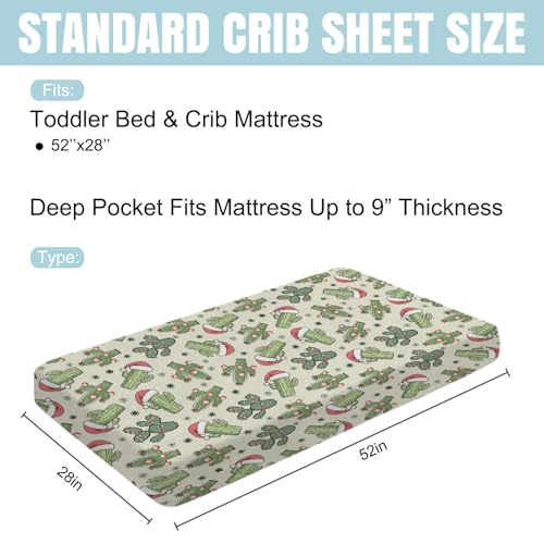 Image of Christmas Cactus Baby Crib Sheet 52''x28'' Desert Christmas Cactus Hats Snowflakes Fitted Crib Mattress Cover for Boy Girl Western Cactus Soft Baby Bed Sheets for Standard Crib and Toddler Mattress