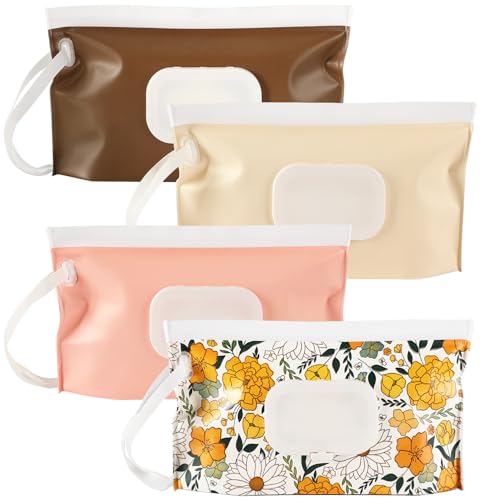Image of FEBSNOW 4 Pack Baby Wipes Dispenser, Portable Refillable Wipe Holder Baby Wipes Container Travel Wipes Case Reusable Wet Wipes Pouch (Floral, Cream, Brown, Pink)