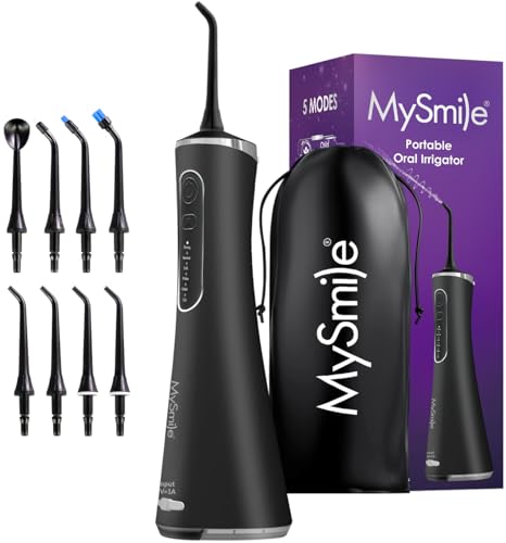 MySmile LP211 Cordless Water Flossers Portable Rechargeable Oral Irrigator for Teeth Cleaning 5 Cleaning Modes IPX7 Waterproof 8 Replacement Tips and a Storage Pouch (Midnight Black)
