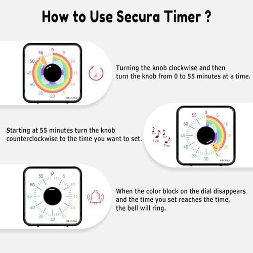 Secura 60-Minute Visual Timer, 7.5 Inch Magnetic Rainbow Countdown Timer for Classroom or Kitchen, Durable Mechanical Timer Clock with Magnetic Backing (Black & Sun) - Image 4