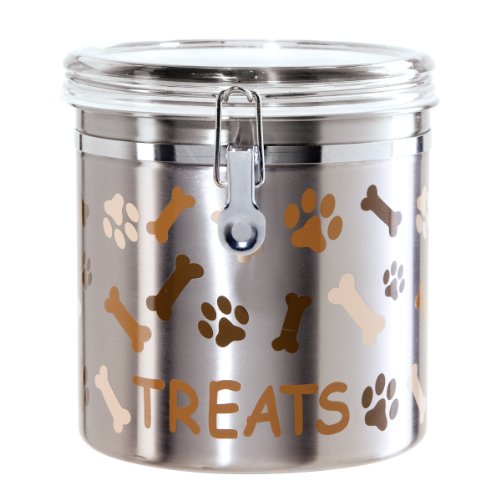 Oggi Airtight Stainless Steel 130-Ounce Pet Treat Canister with Treats, Paws and Bones