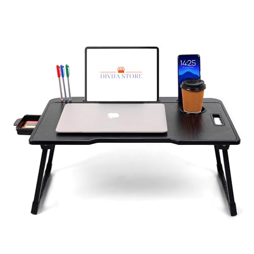 Image of Foldable Wooden Laptop Bed Tray Table, Multifunction Lap Tablet Desk with Cup Holder, for Eating Breakfast, Reading Book, Working, Watching Movie on Bed (Black)