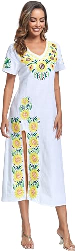 Image of YZXDORWJ Women Mexican Embroidered Dress V Neck Sexy Maxi Short Sleeve Casual Beach Split Dress