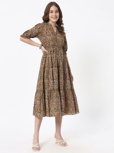 Image of PIDAVLIYA'S Women's Floral Summer Maxi Dress I Cotton Printed I One Piece Bodycon Midi Dress with V-Neck, Puffed Sleeves