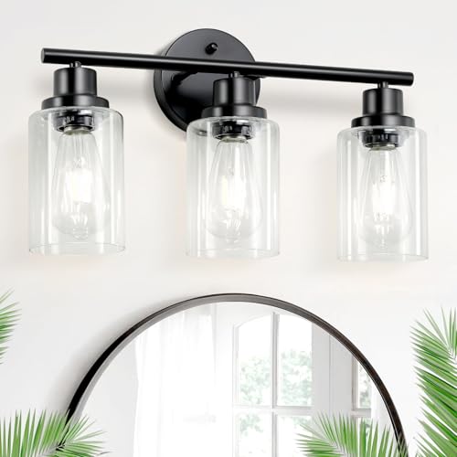 Image of 3-Light Black Vanity Lights, E26 Modern Bathroom Light Fixtures with Clear Glass Shade, Wall Lamps for Mirror Kitchen Hallway Cabinet Living Room Sconces Lights
