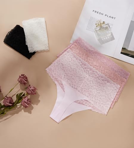 Image of SHARICCA Women Seamless High Waist Underwear Sexy Floral Lace Thong Soft Comfortable Panties Pack