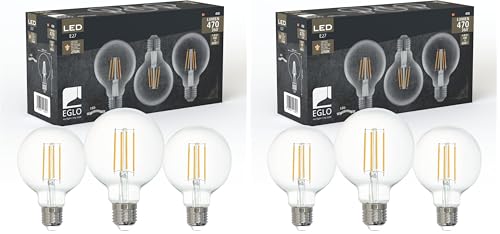 Eglo set de 3 lámparas de filamento LED con casquillo E27, bombillas vintage Edison transparentes, 4 vatios cada una, bombillas globo blanco cálido, 2700 K, 470 lúmenes, bombilla retro G80, Ø 8 cm