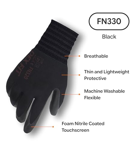 Image of DEX FIT Work Gloves FN330, 3D Comfort Stretch Fit, Power Grip, Durable Foam Nitrile Coated, Smart Touch, Thin & Lightweight, Machine Washable, Black 7 (S) 3 Pairs