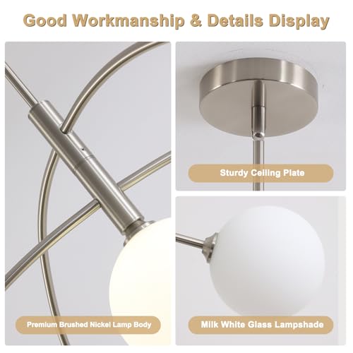 Image of Mid Century Modern Chandelier, 5 Light Silver Sputnik Light Fixture with White Glass Globe Shade, Adjustable Modern Sputnik Chandelier for Dining Room Kitchen Bedroom