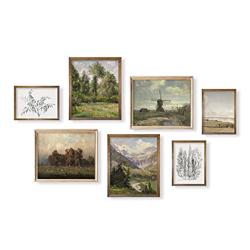 Vintage Modern Farmhouse Wall Decor - Aesthetic Spring Landscape Botanical Nature Poster - Green Cottagecore Room Decor - Bathroom Picture Bedroom Print - Neutral Wall Art For Boho French Country Of 7 #TOP23