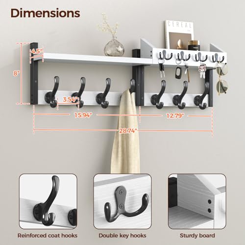 Image of Evermagin 29 inch Coat Rack Wall Mount with Shelf, 4 in 1 Coat and Key Hanger with 11 Metal Hooks, Entryway Wall Mounted Shelf with Mail Holder for Living Room, Bedroom, White