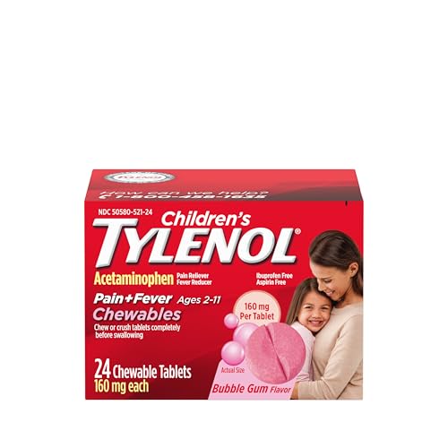 Image of Children's Tylenol Chewables with 160 mg Acetaminophen, Pain Reliever & Fever Reducer for Kids' Cold + Flu Symptoms, Headache, Sore Throat & Toothache, Aspirin-Free, Bubble Gum, 24 ct