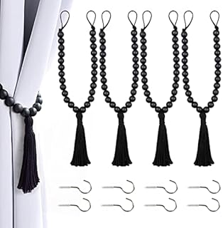 OCIOLI 2 Pieces Curtain Tiebacks Curtain Holdbacks Curtain Ties Wood Bead Curtain Tieback with Tassels & Meter Hooks Curtain Tie Backs Curtain Hooks for Drapes (Natural / 2)