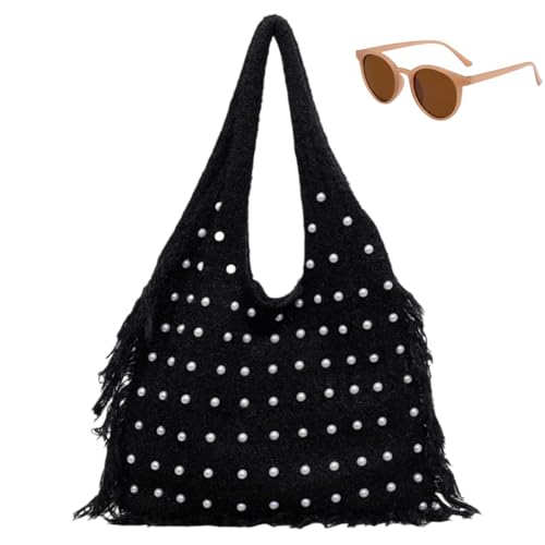 Genérico Slouchy Pearl Studded Shoulder Bag with Tassel, Trendy Boho Large Capacity Handbag for Women, Fall Winter Casual Tote Bags