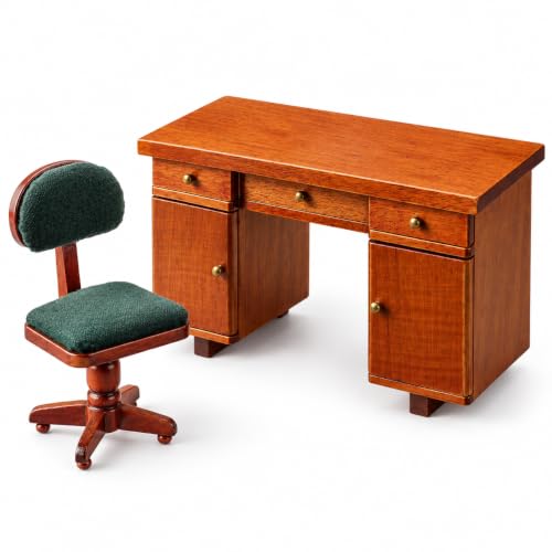 Toyvian Miniature Desk and Chair Set, 1:12 Scale Wooden Dollhouse Furniture