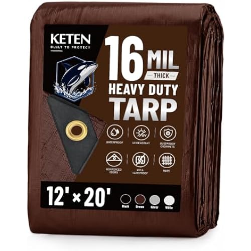 Keten Tarps Heavy Duty Waterproof 12x20 Feet, Extra Thick 16 Mil (Brown)