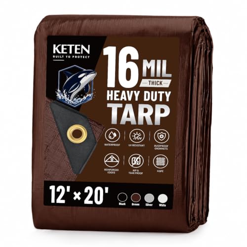 Keten Tarps Heavy Duty Waterproof 12x20 Feet Extra Thick 16 Mil (Brown)