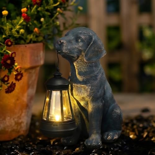 Lyeasw Solar Dog Statues with Lantern – 8.4 inch Waterproof Outdoor Dog Decor for Garden, Yard & Porch, Auto On/Off Solar Light, Gift for Mom & Dog Lovers, Dog Memorial Gifts