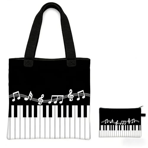 Bolso tote de lona con diseño de teclas de piano y notas musicales, con bolsa complementaria – Conjunto reutilizable para amantes de la música, accesorios de almacenamiento para profesores, negro y blanco miniatura 1