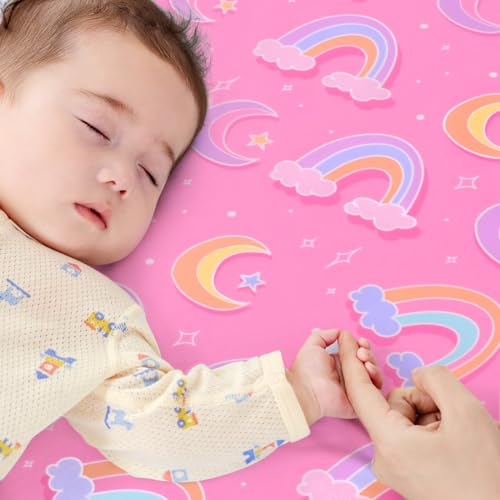 Image of JISEN Baby Crib Sheets Soft Breathable Pink Rainbows Fitted Crib Sheets Baby Sheet for Standard Crib and Toddler Mattress Baby Bed Sheets for Crib for Baby Boys Girls Neutral 52x28 Inch