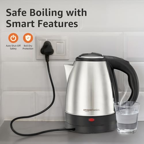 Image of Amazon Basics 1.5 Litre Electric Kettle | 1500W | 360 Swivel Base | Led Indicator | Dry Boil Protection | Auto Shut-off & Overheat Protection | Multipurpose Travel Kettle