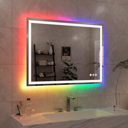 Image of WTTY LED Bathroom Mirror 40 inchx30 inch with RGB Backlit and Front Light,Stepless Dimmable LED Mirror for Bathroom,Lighted Bathroom Vanity Mirror,Anti-Fog,Memory Function,Shatter-Proof,Wall Mounted