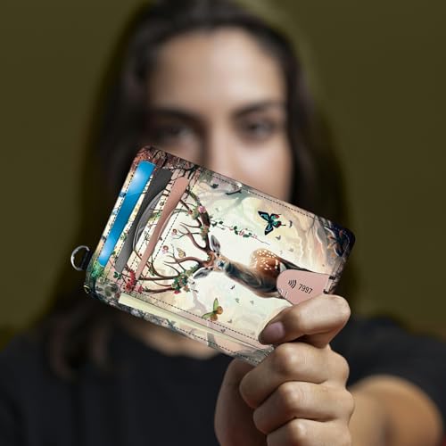 Image of Small Travel Wallets, Decorative Deer Butterfly Slim Minimalist Front Pocket Wallet with Wristlet, RFID Blocking PU Leather Credit Card Holder with ID Window Change Purse for Men Women