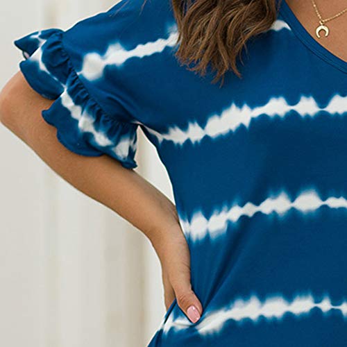 Vestido feminino moda listrada com estampa tie-dye com decote em V manga curta babados vestido casua