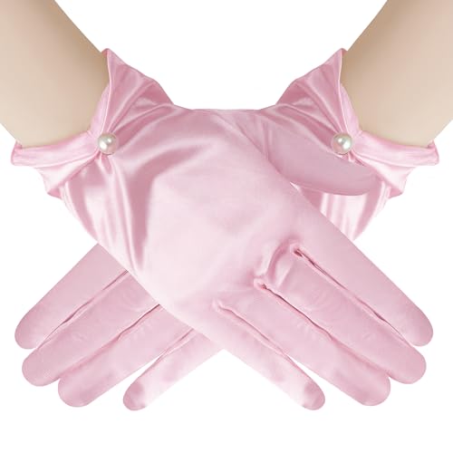 JTYKUYR Short Satin Gloves for Women White Satin Wrist Pearl Gloves Accessories for Halloween Opera Tea Party and Wedding (Pink One-size)