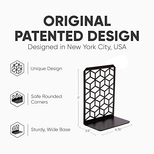 Image of Geomod 3D Cube Black Metal Bookends Decorative for Heavy Books - Sturdy Boho Book Stops - Minimal Book Shelf Stopper - Durable Office Bookends - Weighted Metal Book Holders - 7x4.75 Inches - 1 Pair