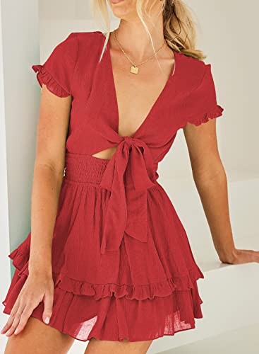 miduo Womens Dress Summer Deep V Neck Self Tied Smocked Waist Short Sleeve Ruffle Party Beach Mini Dresses Red XL - Image 3
